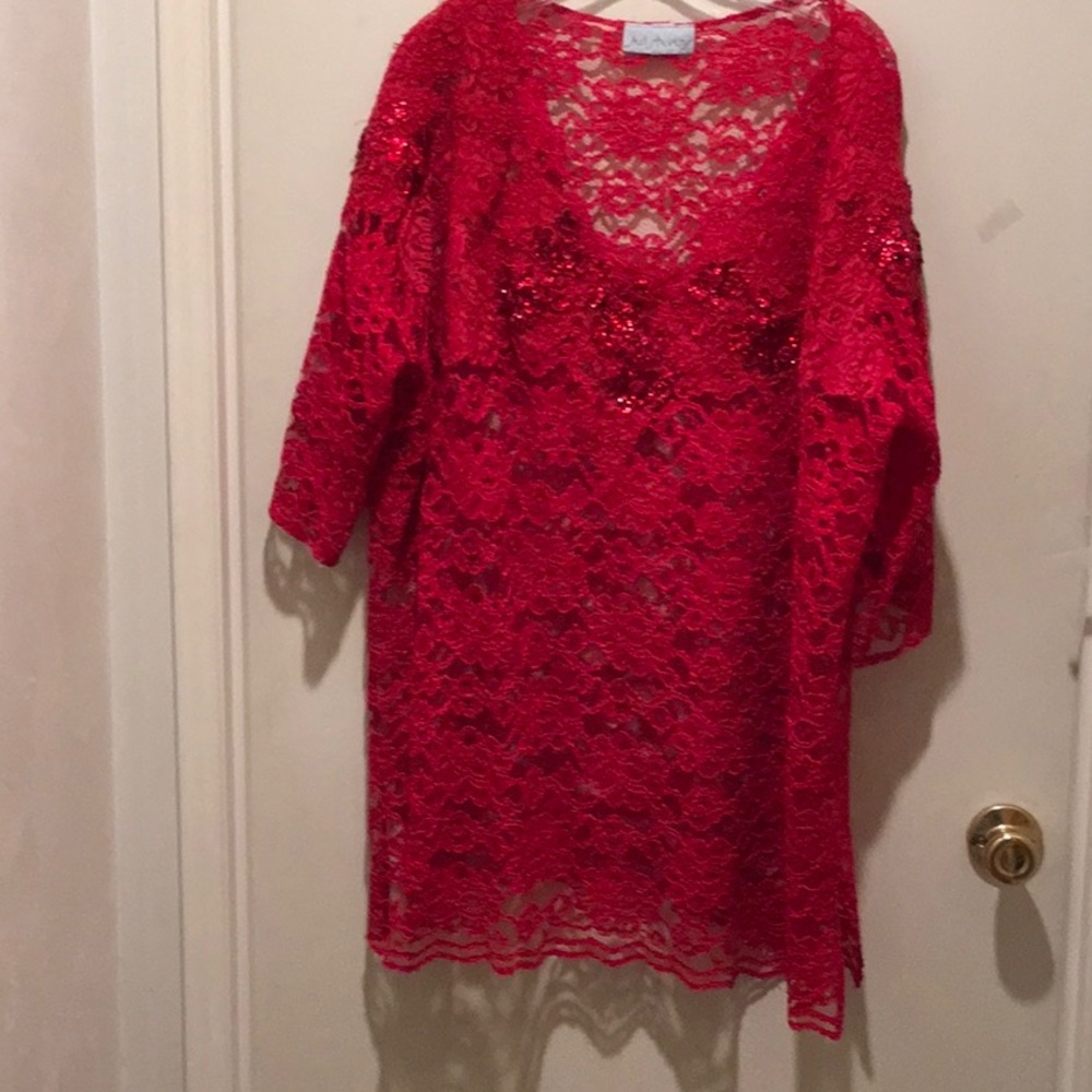 LACE RED TOP W/V NECK W/SPARKLE AROUND NECK NICE!!